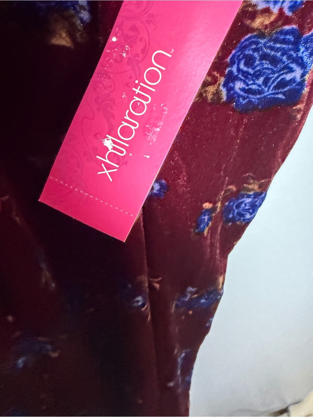 Xhilaration Burgundy Velvet Floral Choker Mini Dress with Blue Roses - Picture 5 of 10